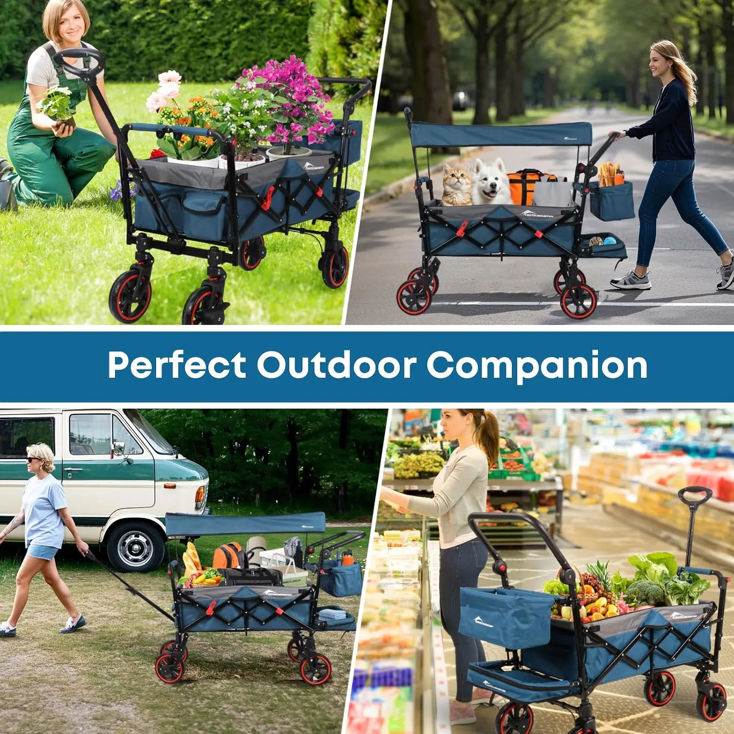 Collapsible Canopy Wagon,Large Capacity Trolley, Foldable Portable cart with Canopy, Adjustable Push/Pull Handle, Shock-Absorbing Wheels, Suitable for Shopping,Traveling-G