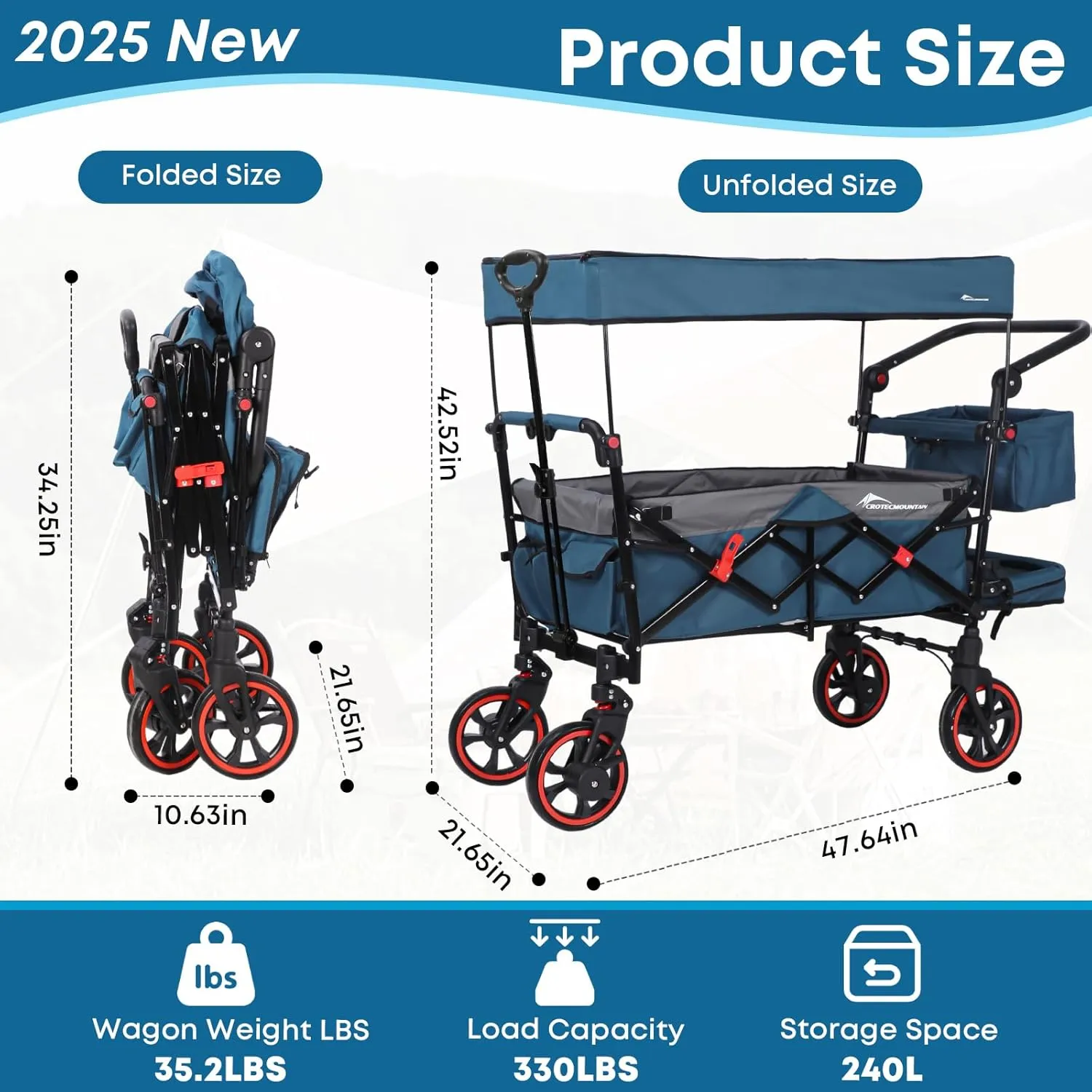 Collapsible Canopy Wagon,Large Capacity Trolley, Foldable Portable cart with Canopy, Adjustable Push/Pull Handle, Shock-Absorbing Wheels, Suitable for Shopping,Traveling-G