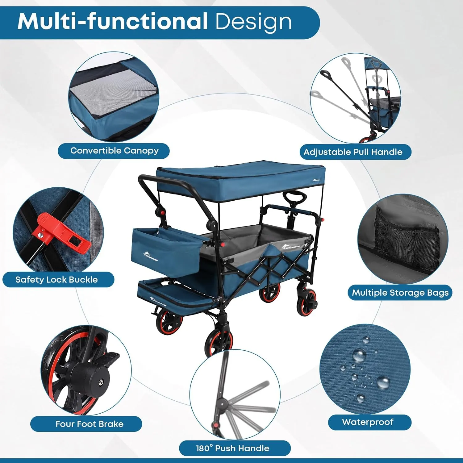 Collapsible Canopy Wagon,Large Capacity Trolley, Foldable Portable cart with Canopy, Adjustable Push/Pull Handle, Shock-Absorbing Wheels, Suitable for Shopping,Traveling-G