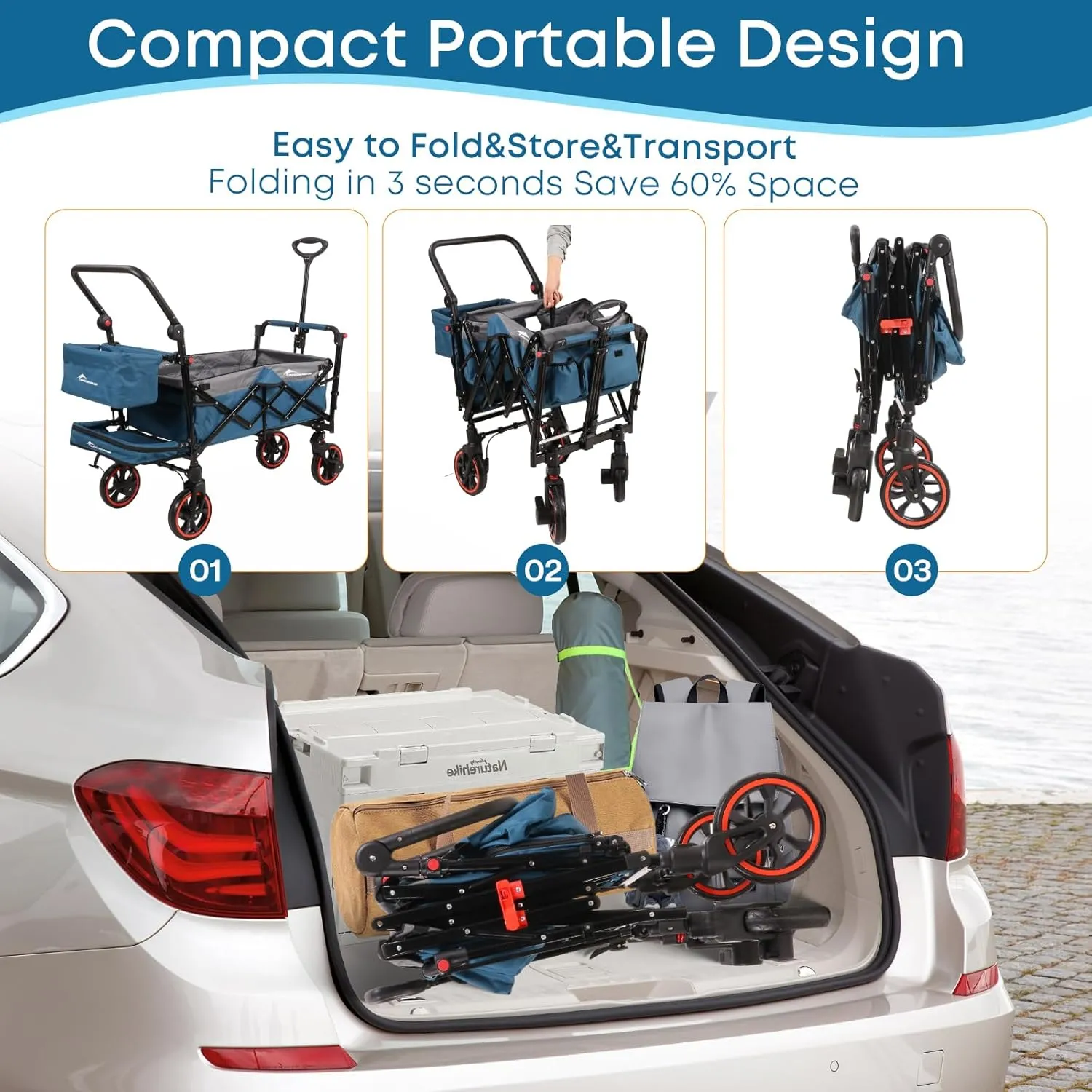 Collapsible Canopy Wagon,Large Capacity Trolley, Foldable Portable cart with Canopy, Adjustable Push/Pull Handle, Shock-Absorbing Wheels, Suitable for Shopping,Traveling-G