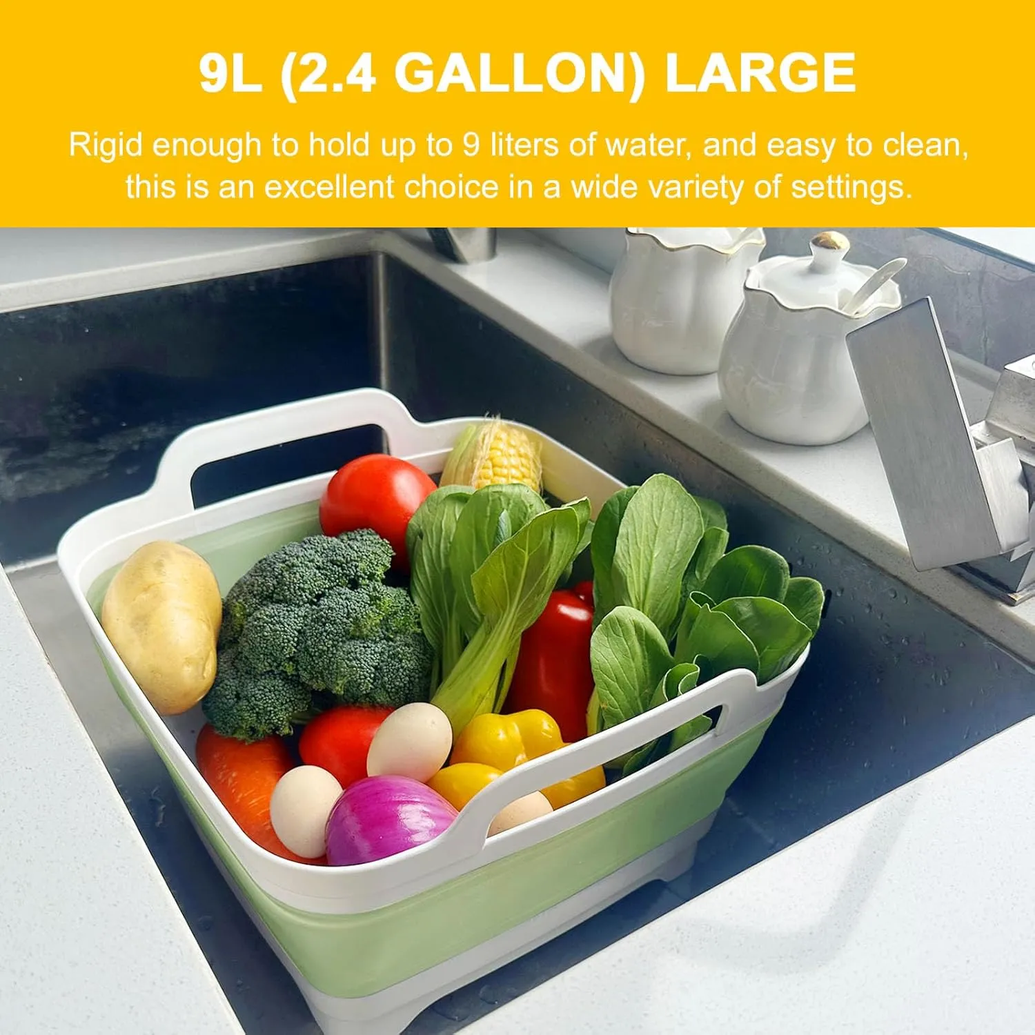 Collapsible Dish Tub 9L-Collapsible Basin Bucket Portable Sink-Outdoor Multiuse Foldable Sink Tub Wash Dish Basin for Kitchen Basin RV Camping (Green)