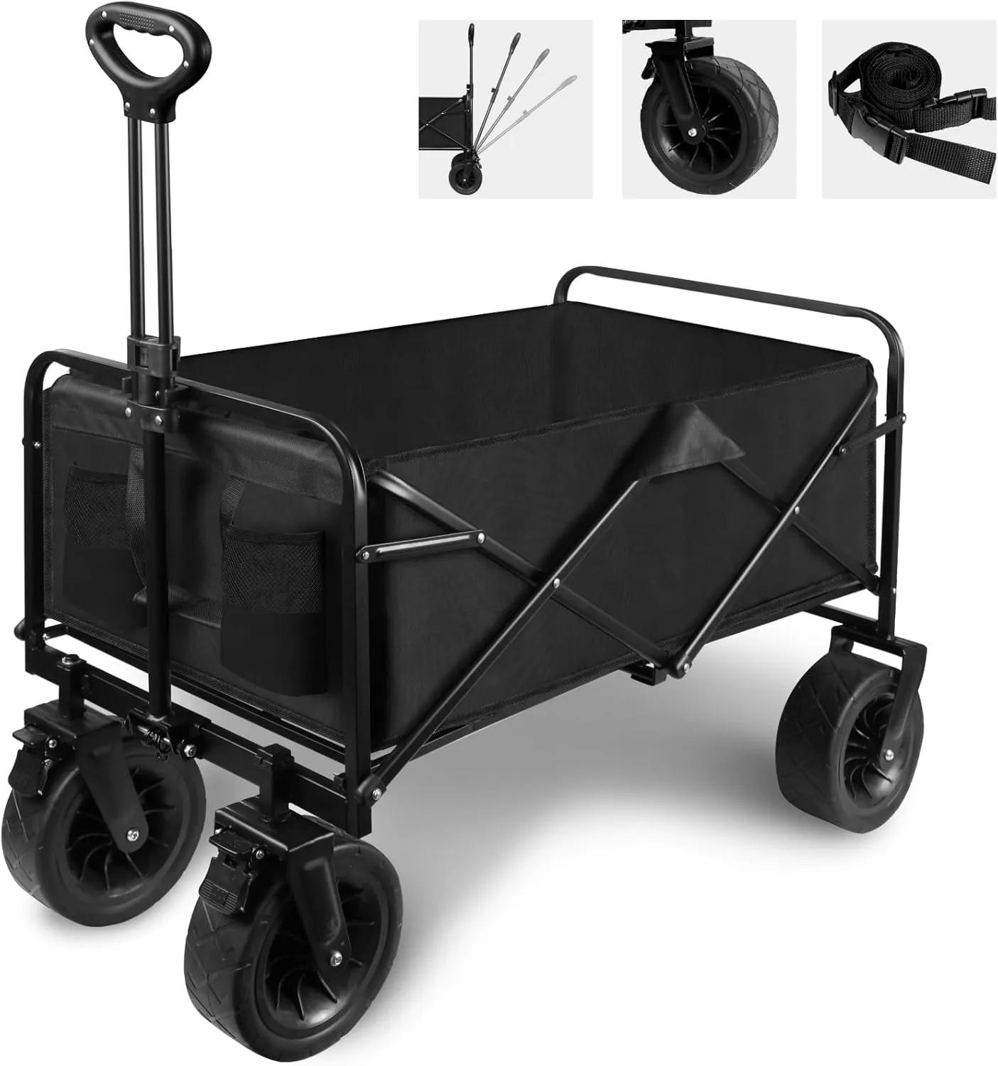 Collapsible Folding Garden Cart with Brake, Outdoor Camping Wagon with 360 Degree Swivel 8" Off-Road Wheels and Adjustable Handle, 330lbs Weight Capacity Park Utility Picnic Camping Cart, Black