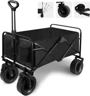 Collapsible Folding Garden Cart with Brake, Outdoor Camping Wagon with 360 Degree Swivel 8" Off-Road Wheels and Adjustable Handle, 330lbs Weight Capacity Park Utility Picnic Camping Cart, Black