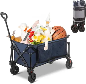 Collapsible Folding Wagon Cart, 220LBS Heavy Duty Foldable Utility Garden Cart with All Terrain Wheels & Side Storage Bag, Portable Sports Wagon for Camping, Shopping, Garden.(Blue)