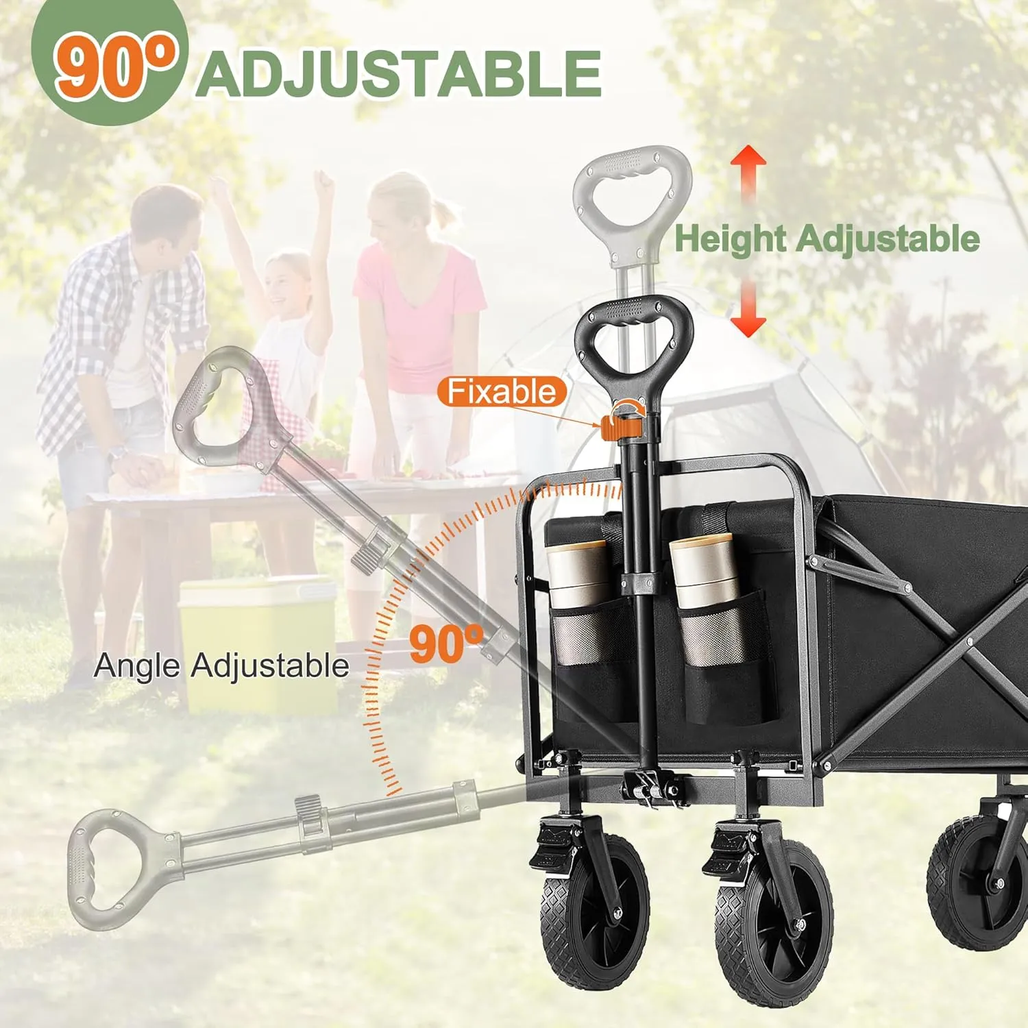 Collapsible Folding Wagon Cart with All-Terrain Wheels, Foldable Utility Cart with Adjustable Handle, Portable Grocery Shopping Cart on Wheels for Beach, Garden, Camping, Sports, Large Black