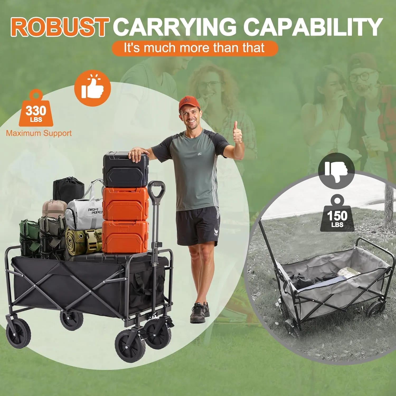 Collapsible Folding Wagon Cart with All-Terrain Wheels, Foldable Utility Cart with Adjustable Handle, Portable Grocery Shopping Cart on Wheels for Beach, Garden, Camping, Sports, Large Black