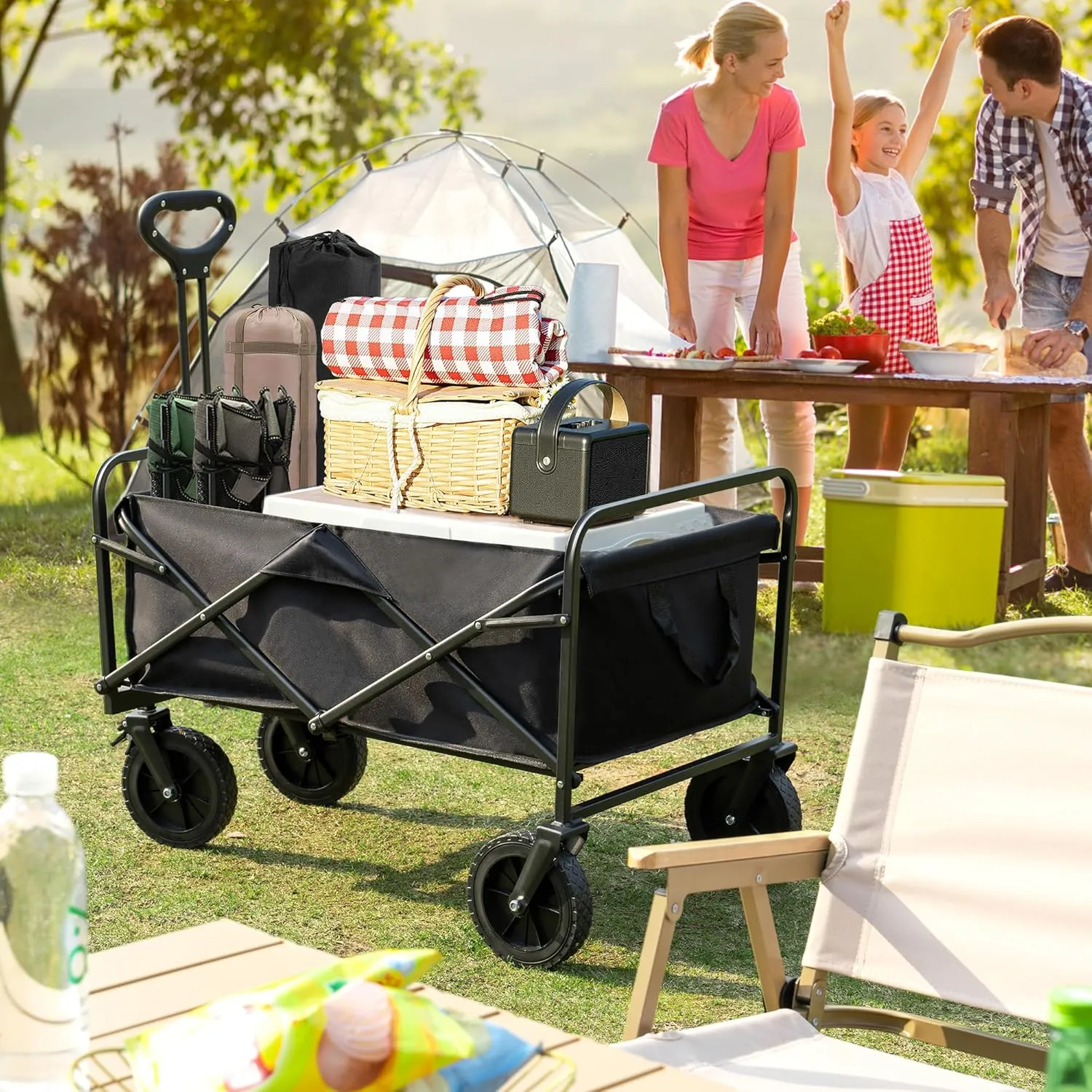 Collapsible Folding Wagon Cart with All-Terrain Wheels, Foldable Utility Cart with Adjustable Handle, Portable Grocery Shopping Cart on Wheels for Beach, Garden, Camping, Sports, Large Black
