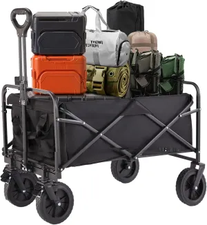 Collapsible Folding Wagon Cart with All-Terrain Wheels, Foldable Utility Cart with Adjustable Handle, Portable Grocery Shopping Cart on Wheels for Beach, Garden, Camping, Sports, Large Black