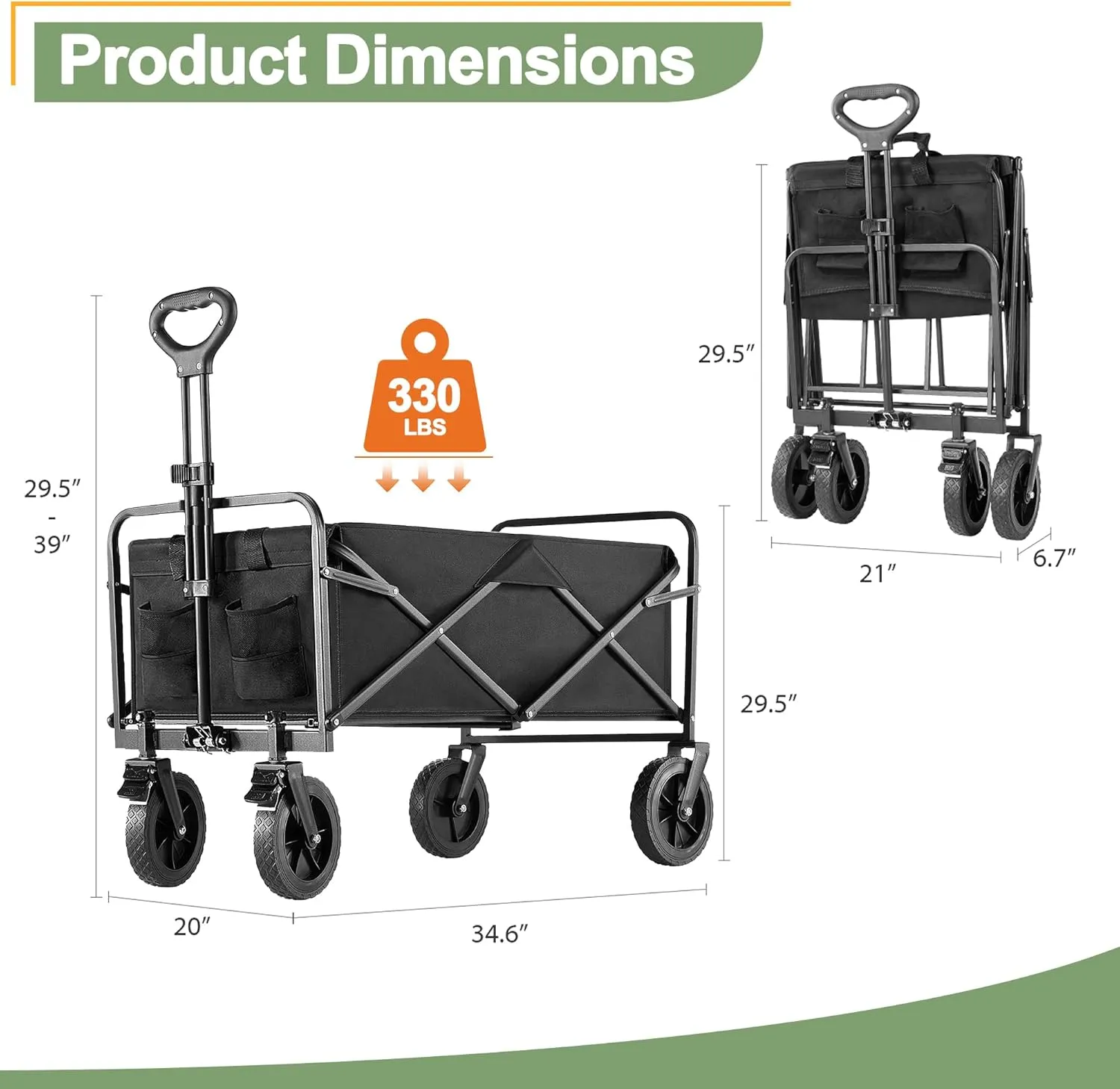 Collapsible Folding Wagon Cart with All-Terrain Wheels, Foldable Utility Cart with Adjustable Handle, Portable Grocery Shopping Cart on Wheels for Beach, Garden, Camping, Sports, Large Black