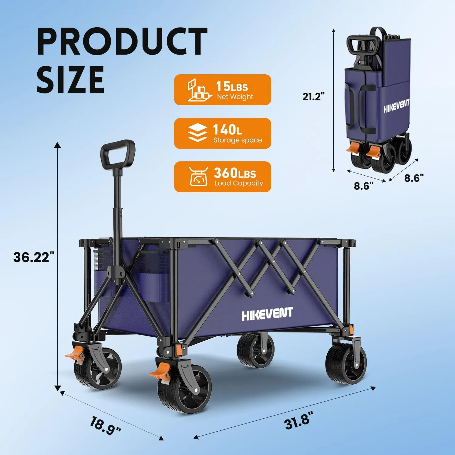 Collapsible Wagon Cart, 360LBS Heavy Duty Foldable Beach Wagon with Wider Wheels, Utility Grocery Shopping Cart for Garden, Camping, Sports, Blue