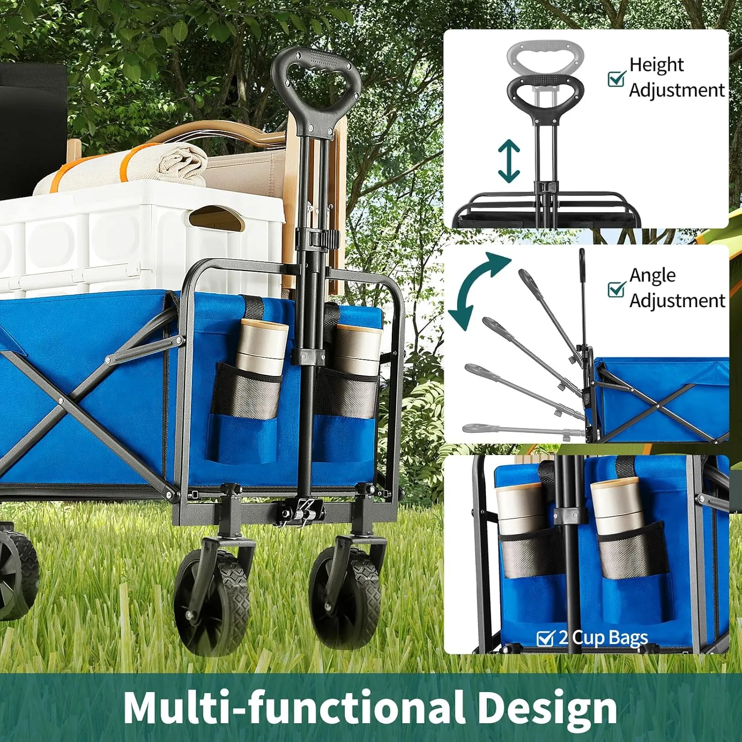 Collapsible Wagon Cart Foldable, 30" L Folding Beach Wagon with All-Terrain Wheels, Shopping Cart with 250lbs Capacity, Portable Camping Wagons Carts for Grocery Garden and Sports, Blue