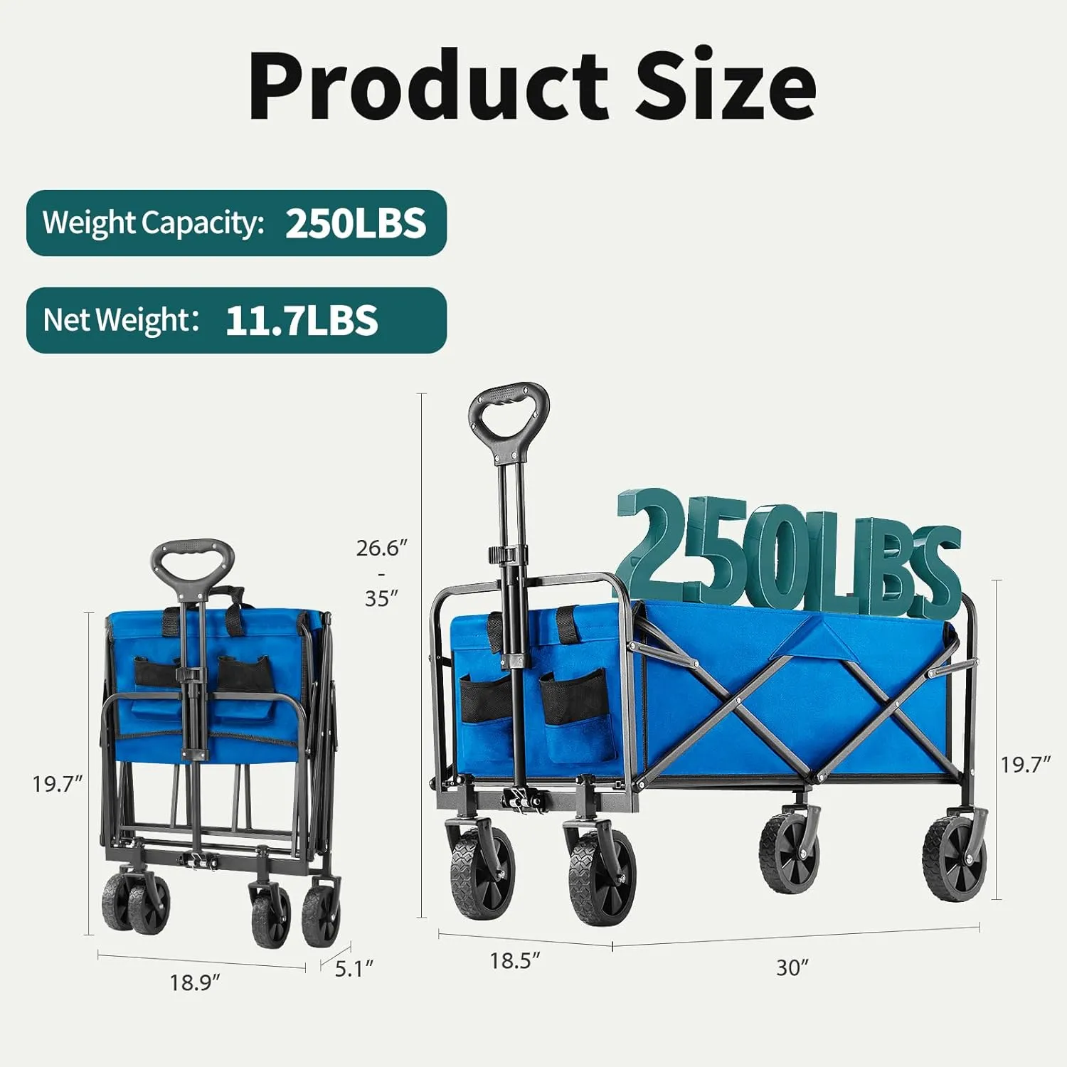 Collapsible Wagon Cart Foldable, 30" L Folding Beach Wagon with All-Terrain Wheels, Shopping Cart with 250lbs Capacity, Portable Camping Wagons Carts for Grocery Garden and Sports, Blue