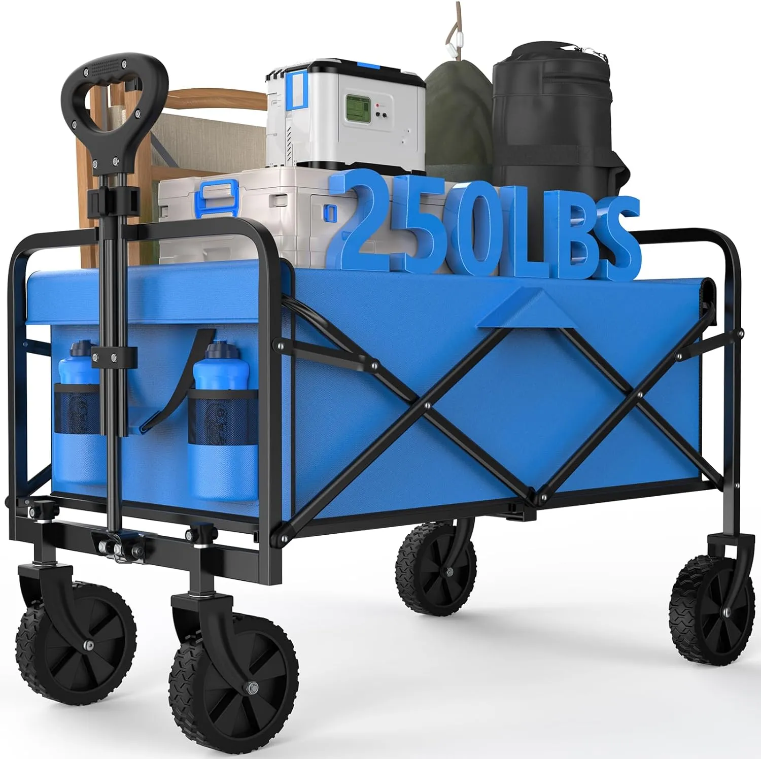 Collapsible Wagon Cart Foldable, 30" L Folding Beach Wagon with All-Terrain Wheels, Shopping Cart with 250lbs Capacity, Portable Camping Wagons Carts for Grocery Garden and Sports, Blue
