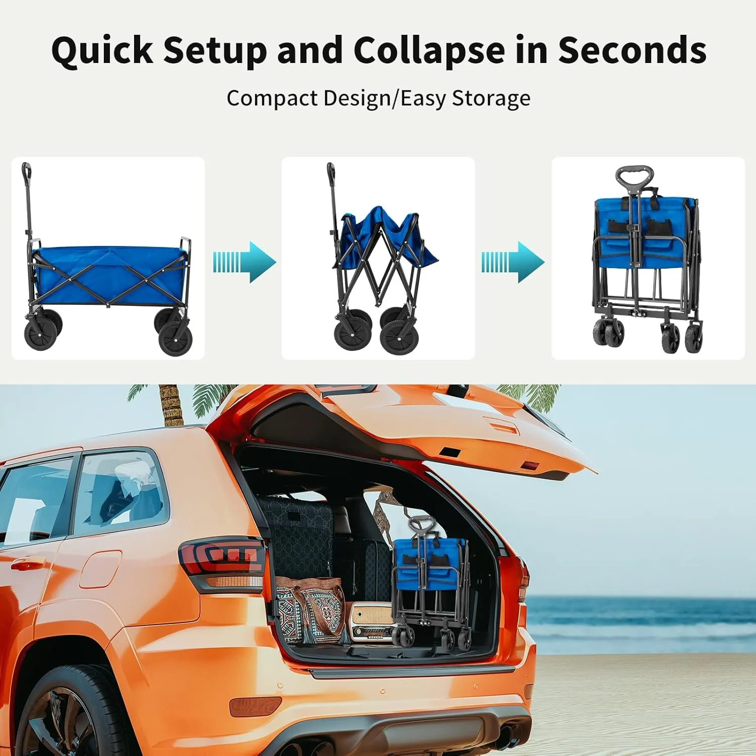 Collapsible Wagon Cart Foldable, 30" L Folding Beach Wagon with All-Terrain Wheels, Shopping Cart with 250lbs Capacity, Portable Camping Wagons Carts for Grocery Garden and Sports, Blue