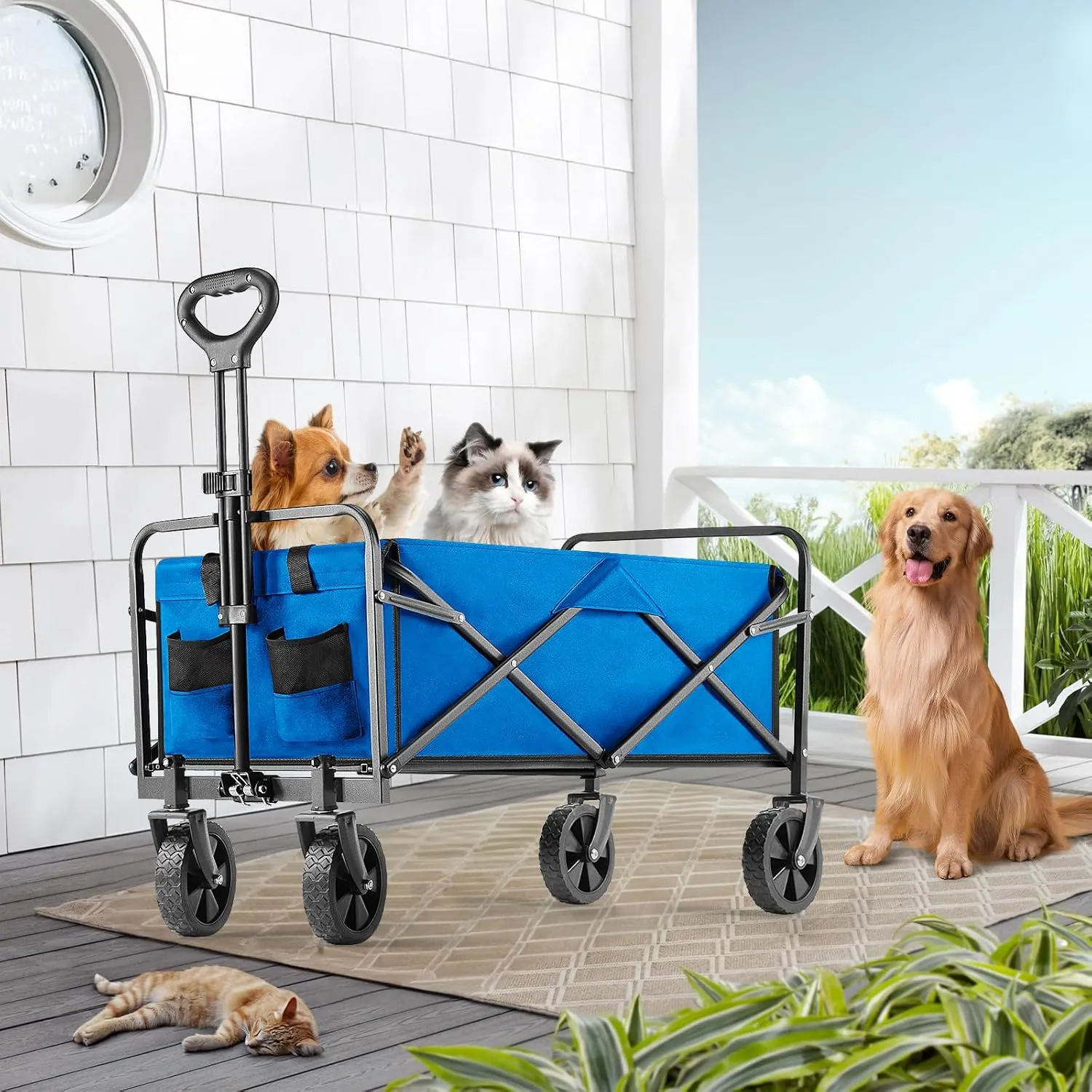 Collapsible Wagon Cart Foldable, 30" L Folding Beach Wagon with All-Terrain Wheels, Shopping Cart with 250lbs Capacity, Portable Camping Wagons Carts for Grocery Garden and Sports, Blue