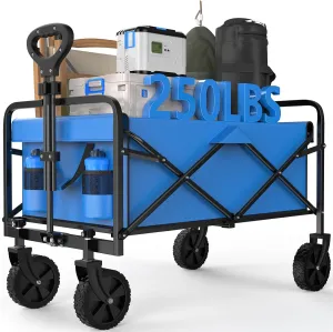 Collapsible Wagon Cart Foldable, 30" L Folding Beach Wagon with All-Terrain Wheels, Shopping Cart with 250lbs Capacity, Portable Camping Wagons Carts for Grocery Garden and Sports, Blue