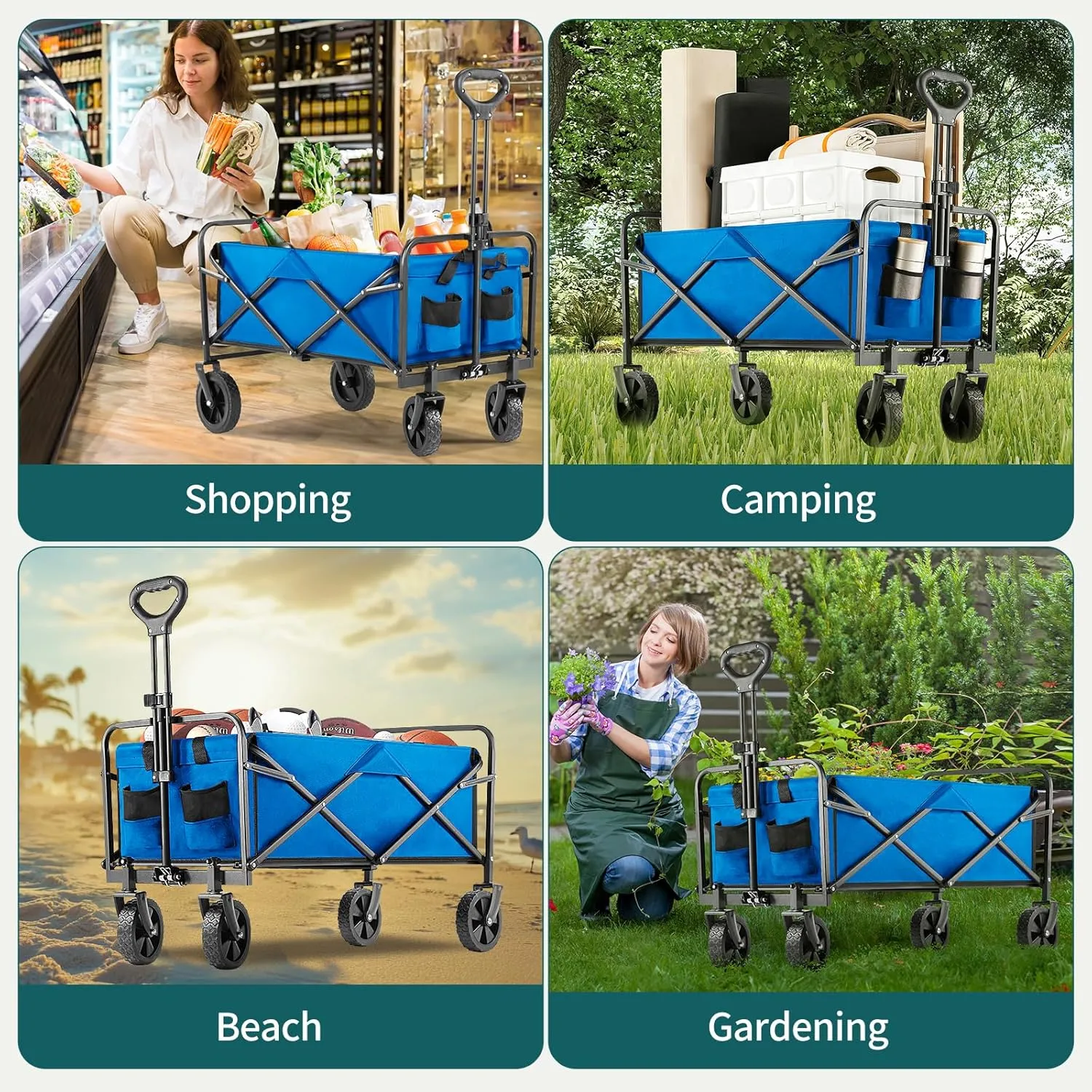Collapsible Wagon Cart Foldable, 30" L Folding Beach Wagon with All-Terrain Wheels, Shopping Cart with 250lbs Capacity, Portable Camping Wagons Carts for Grocery Garden and Sports, Blue