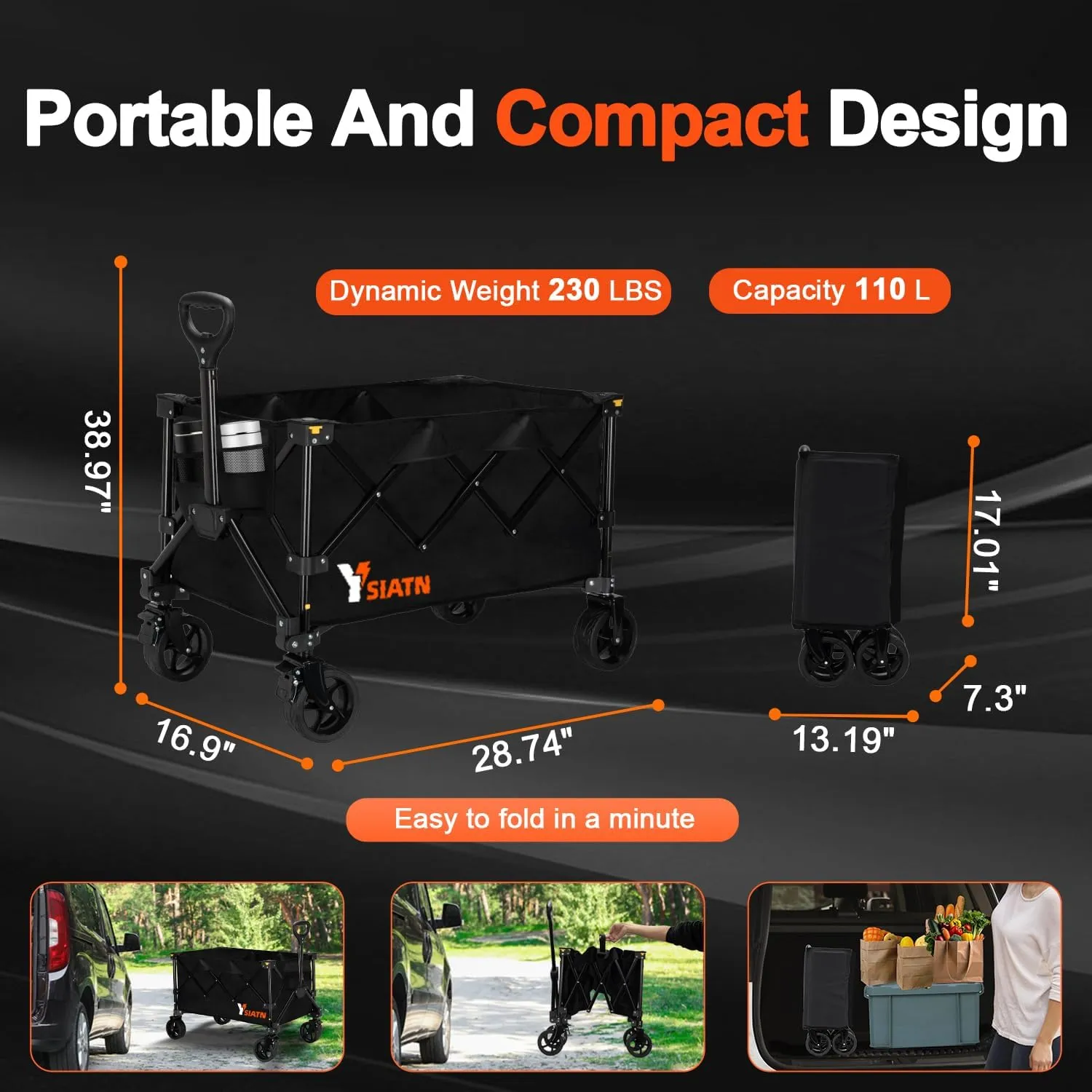 Collapsible Wagon Cart with Wheels Foldable, Folding Wagon Cart with All Terrain Wheel, Large Grocery Carts On Wheels, Heavy Duty Utility Wagons for Shopping Beach Sports Fishing Camping, 110L, Black