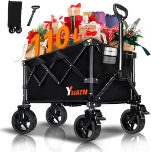 Collapsible Wagon Cart with Wheels Foldable, Folding Wagon Cart with All Terrain Wheel, Large Grocery Carts On Wheels, Heavy Duty Utility Wagons for Shopping Beach Sports Fishing Camping, 110L, Black