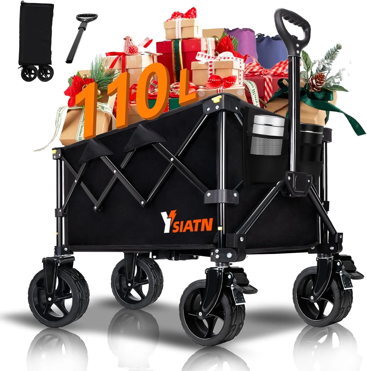 Collapsible Wagon Cart with Wheels Foldable, Folding Wagon Cart with All Terrain Wheel, Large Grocery Carts On Wheels, Heavy Duty Utility Wagons for Shopping Beach Sports Fishing Camping, 110L, Black