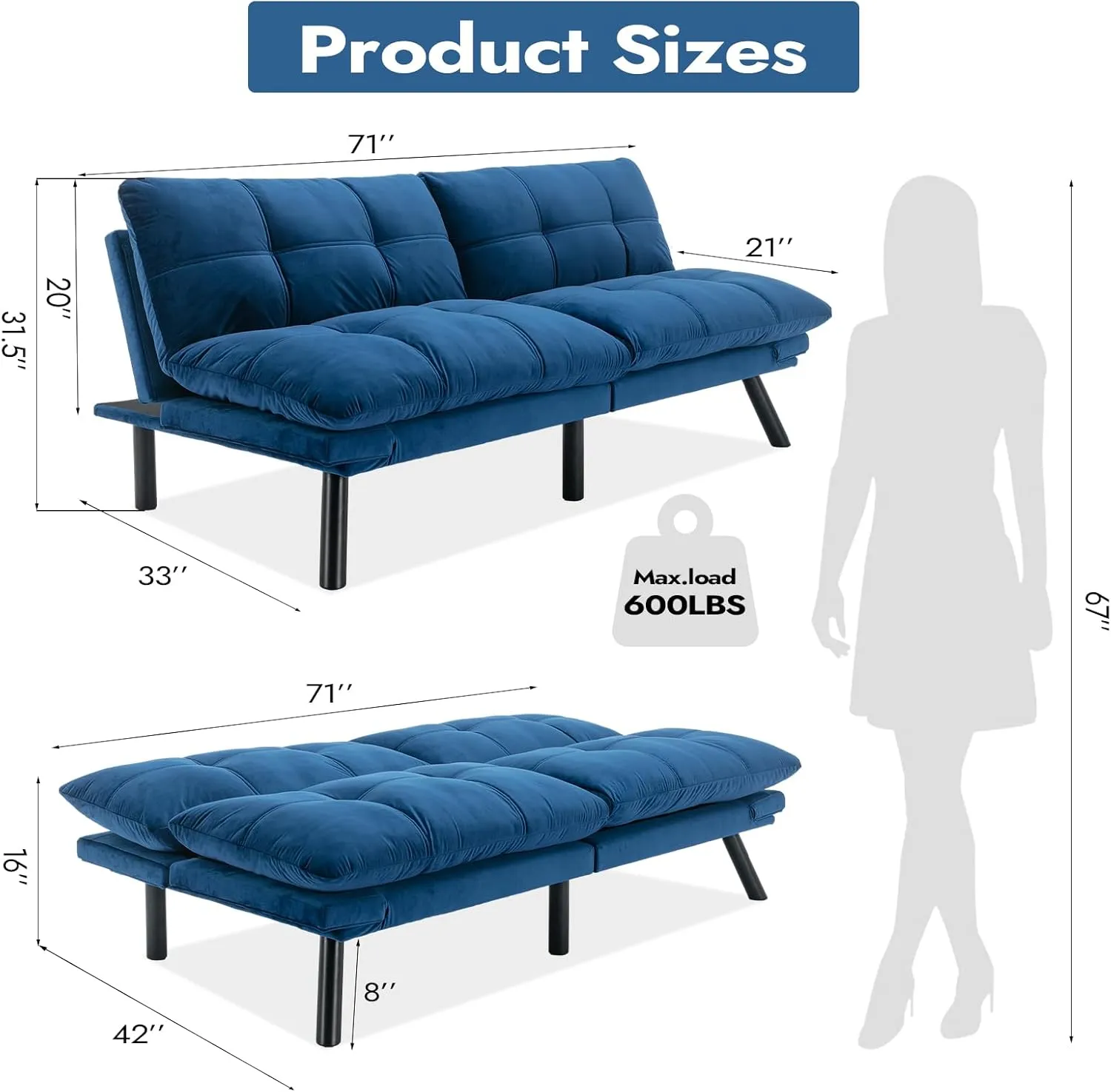 Comfortable Futon Sofa Bed, Memory Foam Loveseat, Convertible Adjustable Sofa Bed CouchSuitable for Office, Home, and Bedroom (Blue)