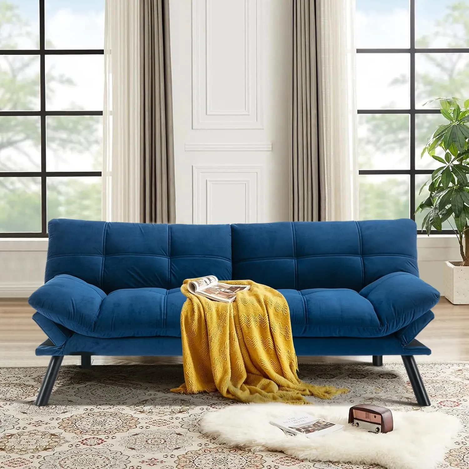 Comfortable Futon Sofa Bed, Memory Foam Loveseat, Convertible Adjustable Sofa Bed CouchSuitable for Office, Home, and Bedroom (Blue)