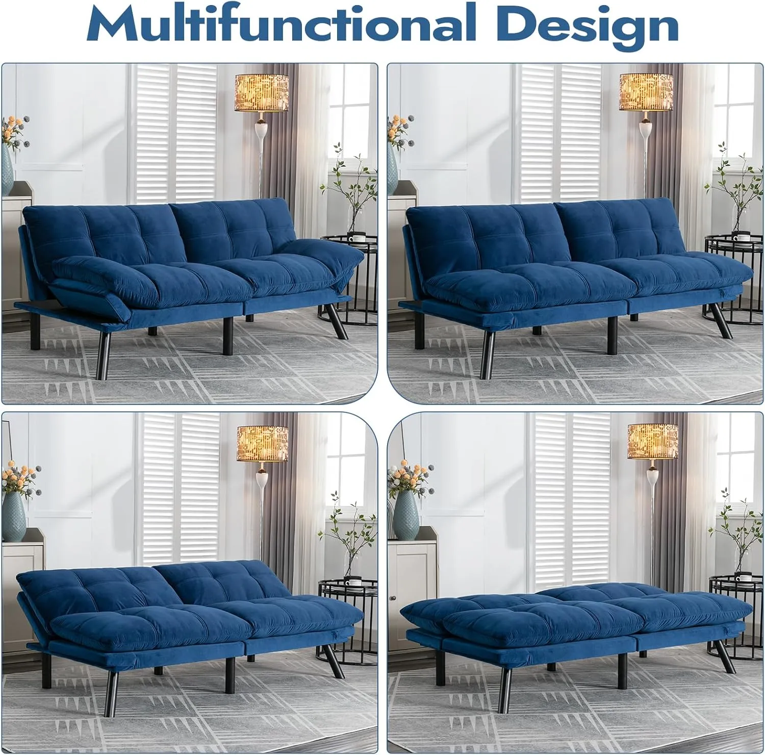 Comfortable Futon Sofa Bed, Memory Foam Loveseat, Convertible Adjustable Sofa Bed CouchSuitable for Office, Home, and Bedroom (Blue)