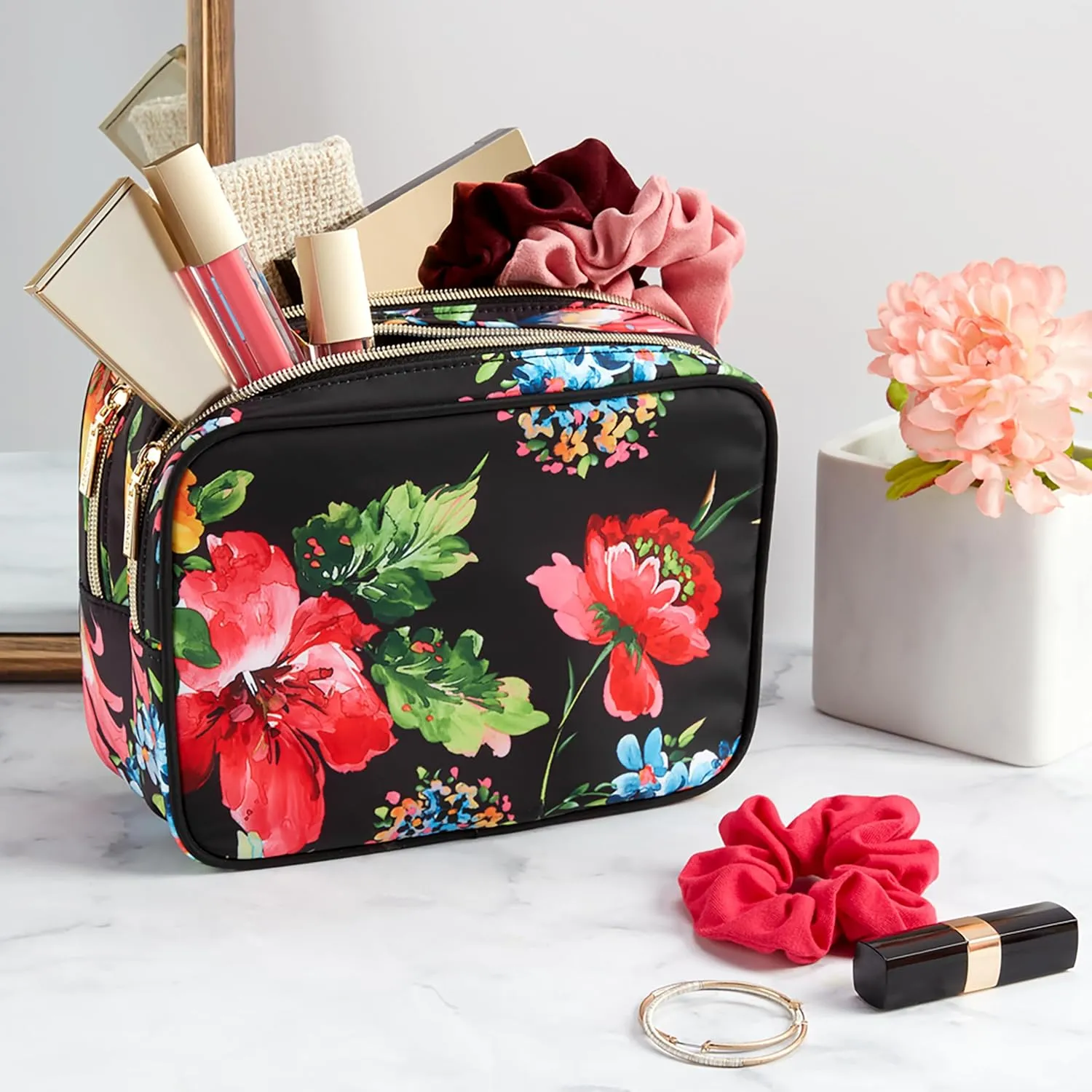 Conair Double Zip Toiletry Travel Bag-Makeup Organizer, Black Floral, 1 Count (Pack of 1)