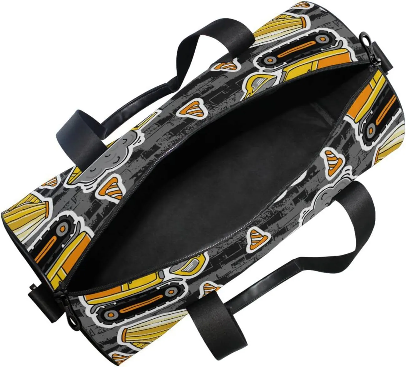 Construction Yellow Machinery with Truck Crane and Bulldozer Duffel Bag, Foldable Canvas Travel Tote for Gym Sports with Inner Pockets, Durable Lightweight Fitness Bag for Overnight Workout