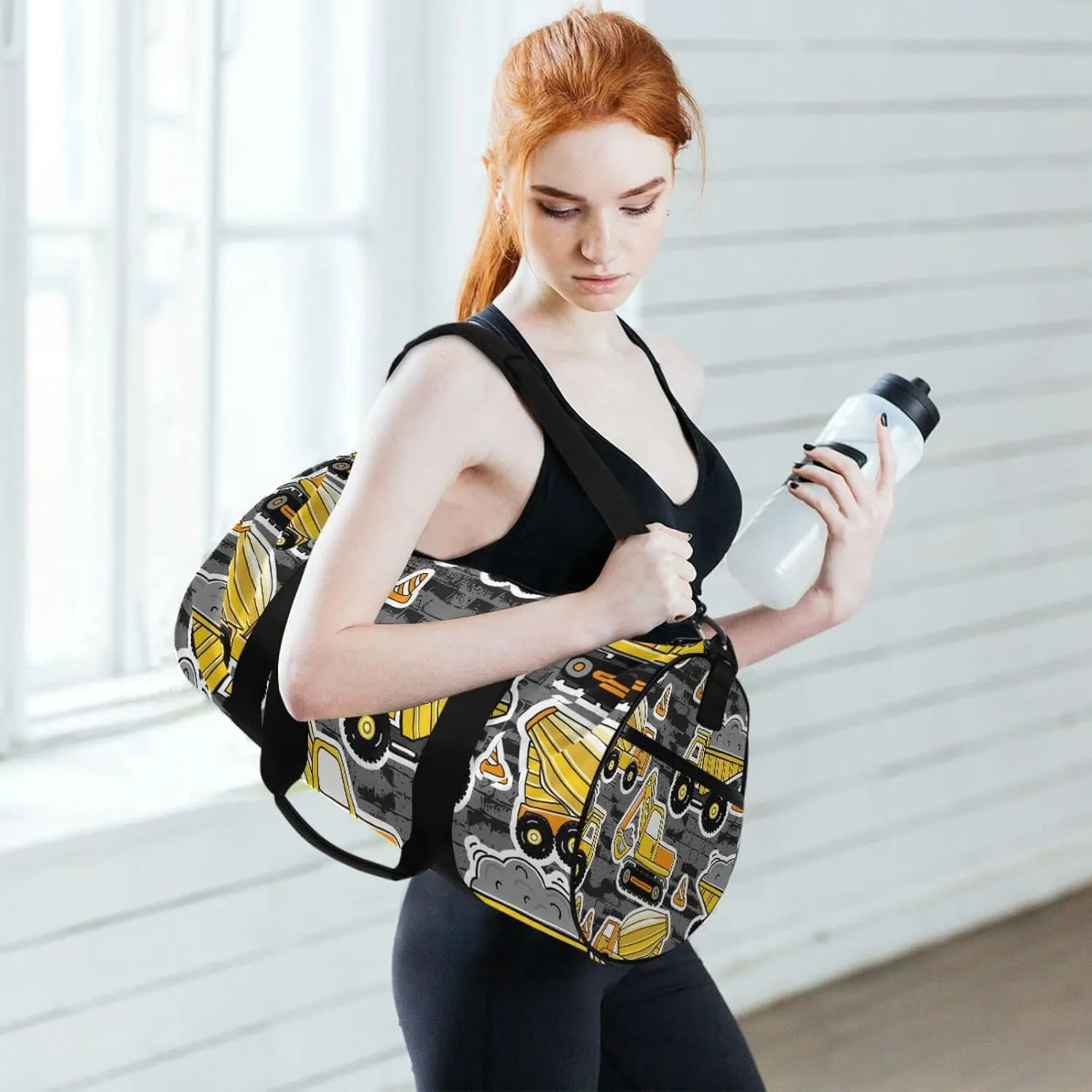 Construction Yellow Machinery with Truck Crane and Bulldozer Duffel Bag, Foldable Canvas Travel Tote for Gym Sports with Inner Pockets, Durable Lightweight Fitness Bag for Overnight Workout