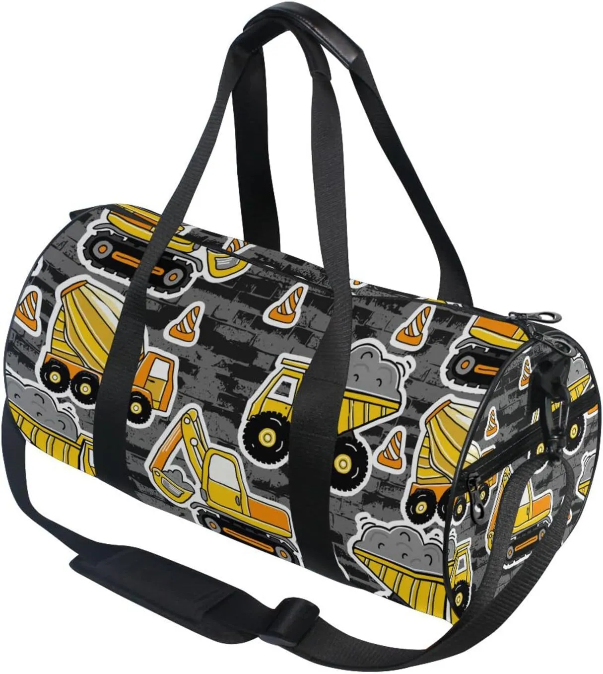 Construction Yellow Machinery with Truck Crane and Bulldozer Duffel Bag, Foldable Canvas Travel Tote for Gym Sports with Inner Pockets, Durable Lightweight Fitness Bag for Overnight Workout