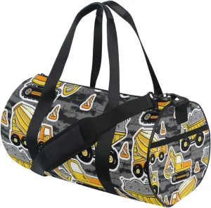 Construction Yellow Machinery with Truck Crane and Bulldozer Duffel Bag, Foldable Canvas Travel Tote for Gym Sports with Inner Pockets, Durable Lightweight Fitness Bag for Overnight Workout