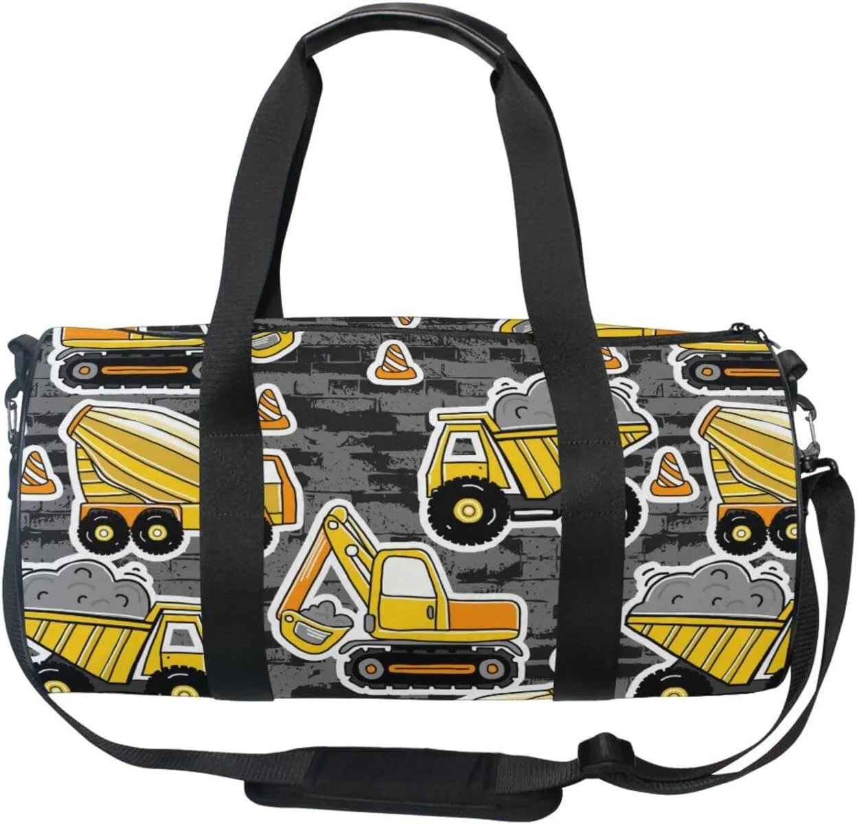 Construction Yellow Machinery with Truck Crane and Bulldozer Duffel Bag, Foldable Canvas Travel Tote for Gym Sports with Inner Pockets, Durable Lightweight Fitness Bag for Overnight Workout