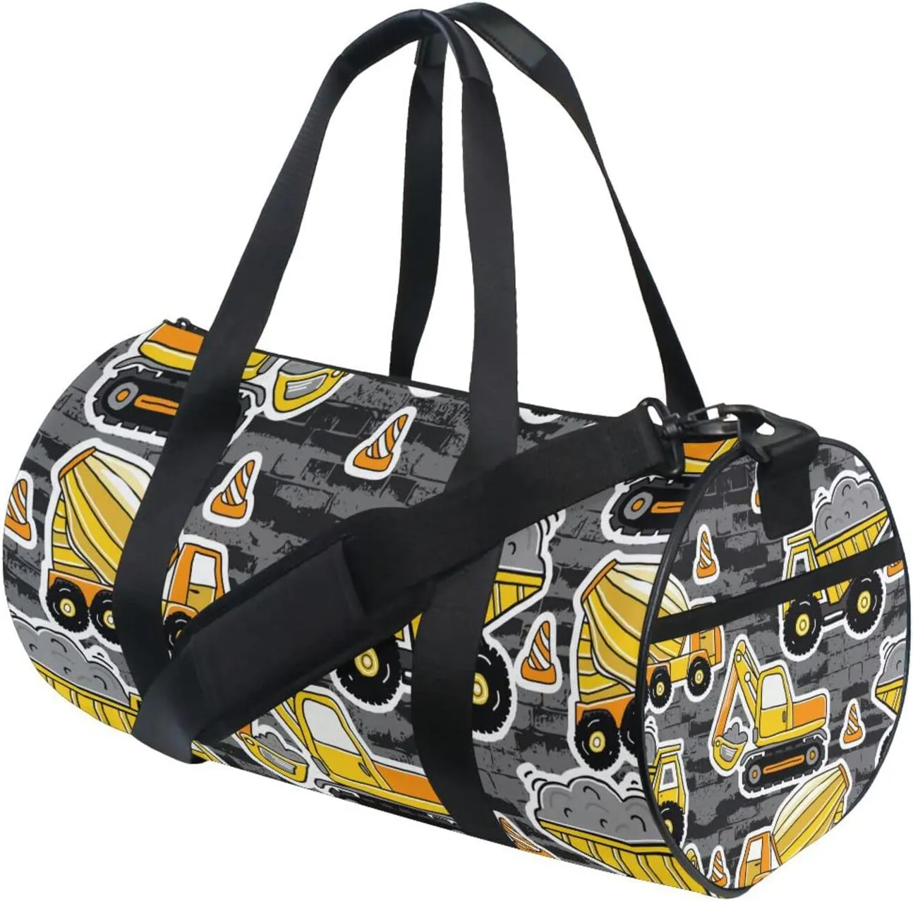 Construction Yellow Machinery with Truck Crane and Bulldozer Duffel Bag, Foldable Canvas Travel Tote for Gym Sports with Inner Pockets, Durable Lightweight Fitness Bag for Overnight Workout