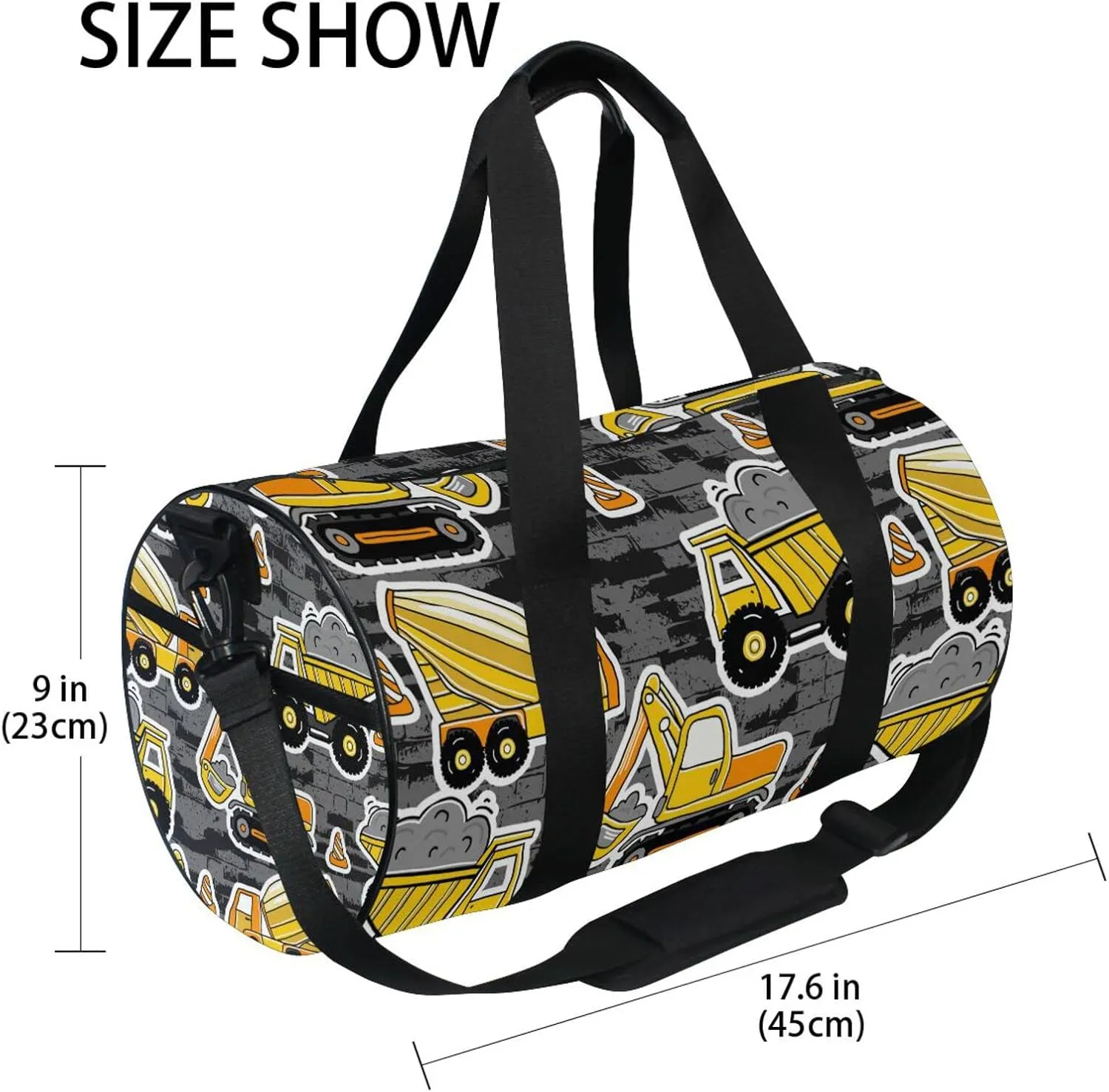 Construction Yellow Machinery with Truck Crane and Bulldozer Duffel Bag, Foldable Canvas Travel Tote for Gym Sports with Inner Pockets, Durable Lightweight Fitness Bag for Overnight Workout
