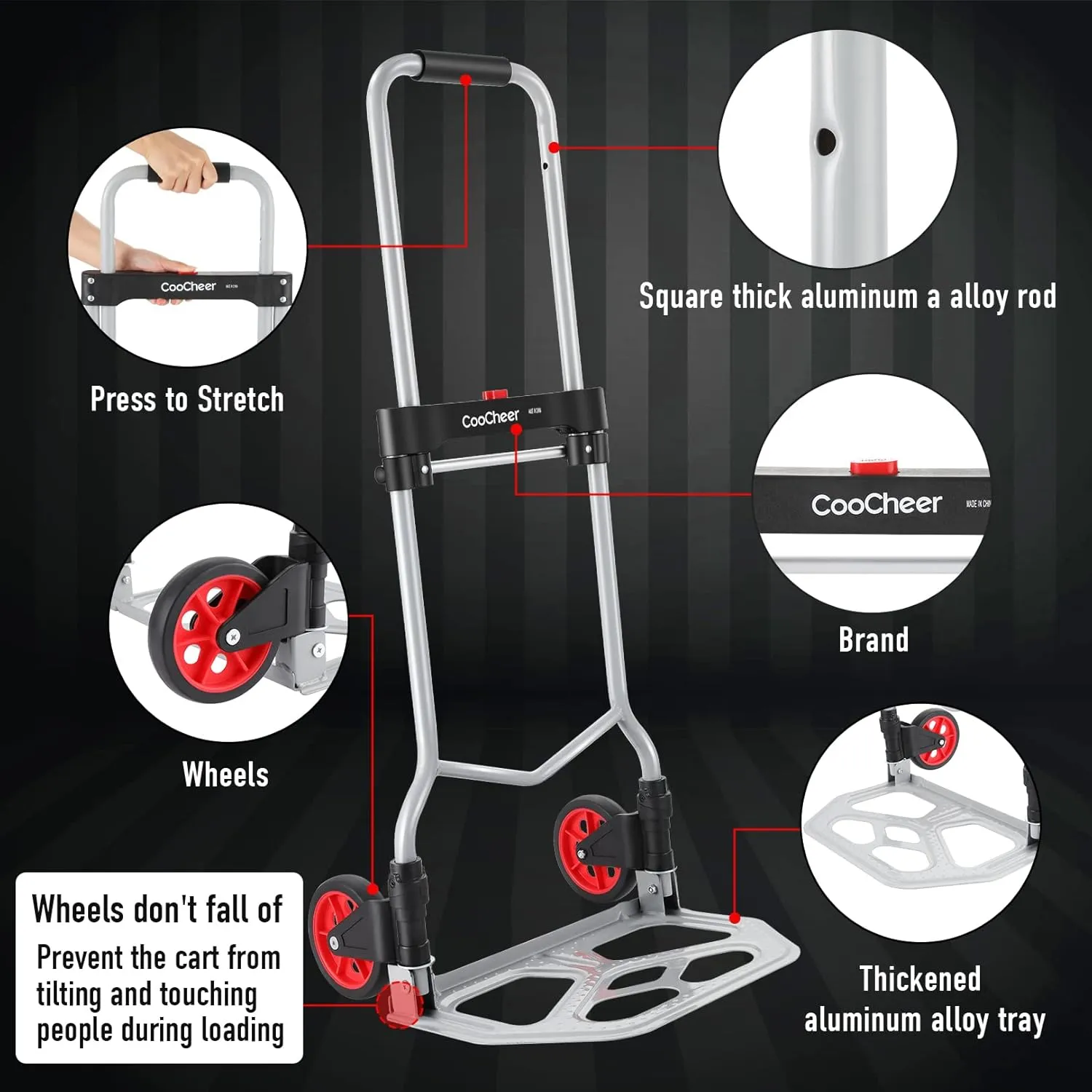 COOCHEER 265LB Capacity Folding Hand Truck Dolly - 2 Wheel Foldable Dolly Cart, Collapsible Aluminum Luggage Cart, Moving Trolley with Wheels, Silver
