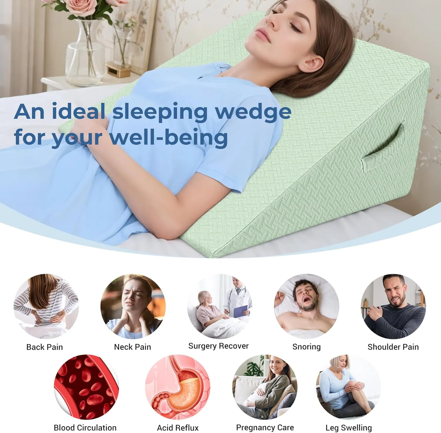 COOLBEBE Bed Wedge Pillow for Sleeping,12Inch Elevated Wedge Pillow for Sleep Apnea, Foam Wedge Triangle Pad for Acid Reflux, Gerd and Snoring - Breathable Air Layer Washable Cover (Green)