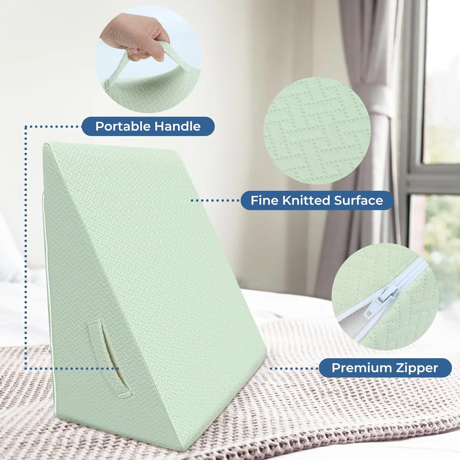COOLBEBE Bed Wedge Pillow for Sleeping,12Inch Elevated Wedge Pillow for Sleep Apnea, Foam Wedge Triangle Pad for Acid Reflux, Gerd and Snoring - Breathable Air Layer Washable Cover (Green)