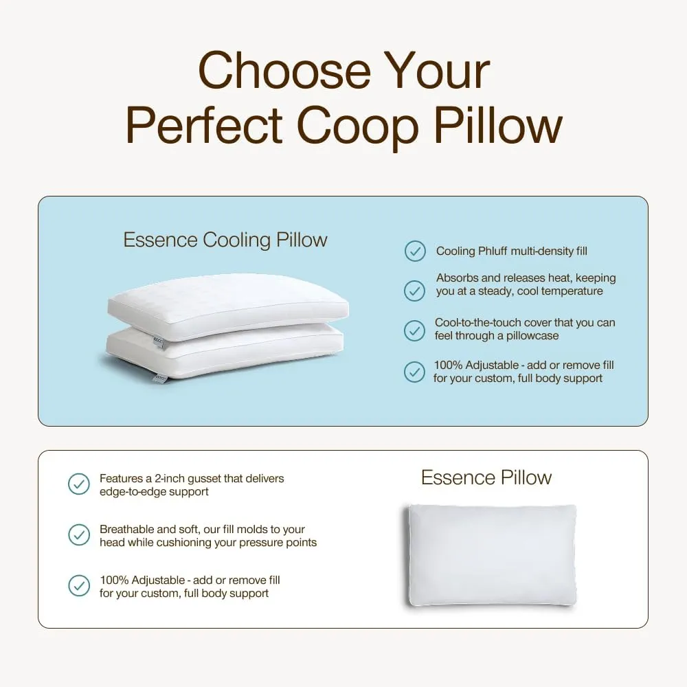 Coop Home Goods Essence Cooling Down Alternative Pillows Set of 2, Queen Size Adjustable Cooling Pillow for Hot Sleepers, Cool-Touch Luxury Hotel Pillows for Stomach, Back, or Side Sleepers 27x17