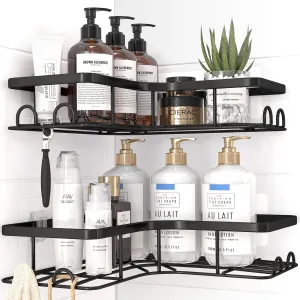 Corner Shower Caddy - 2 Pack, Adhesive Shower Organizers, Rustproof Stainless Steel Shower Shelves with 8 Hooks, No Drilling Bathroom Organizers and Storage Racks, Space-Saving, Black, Large