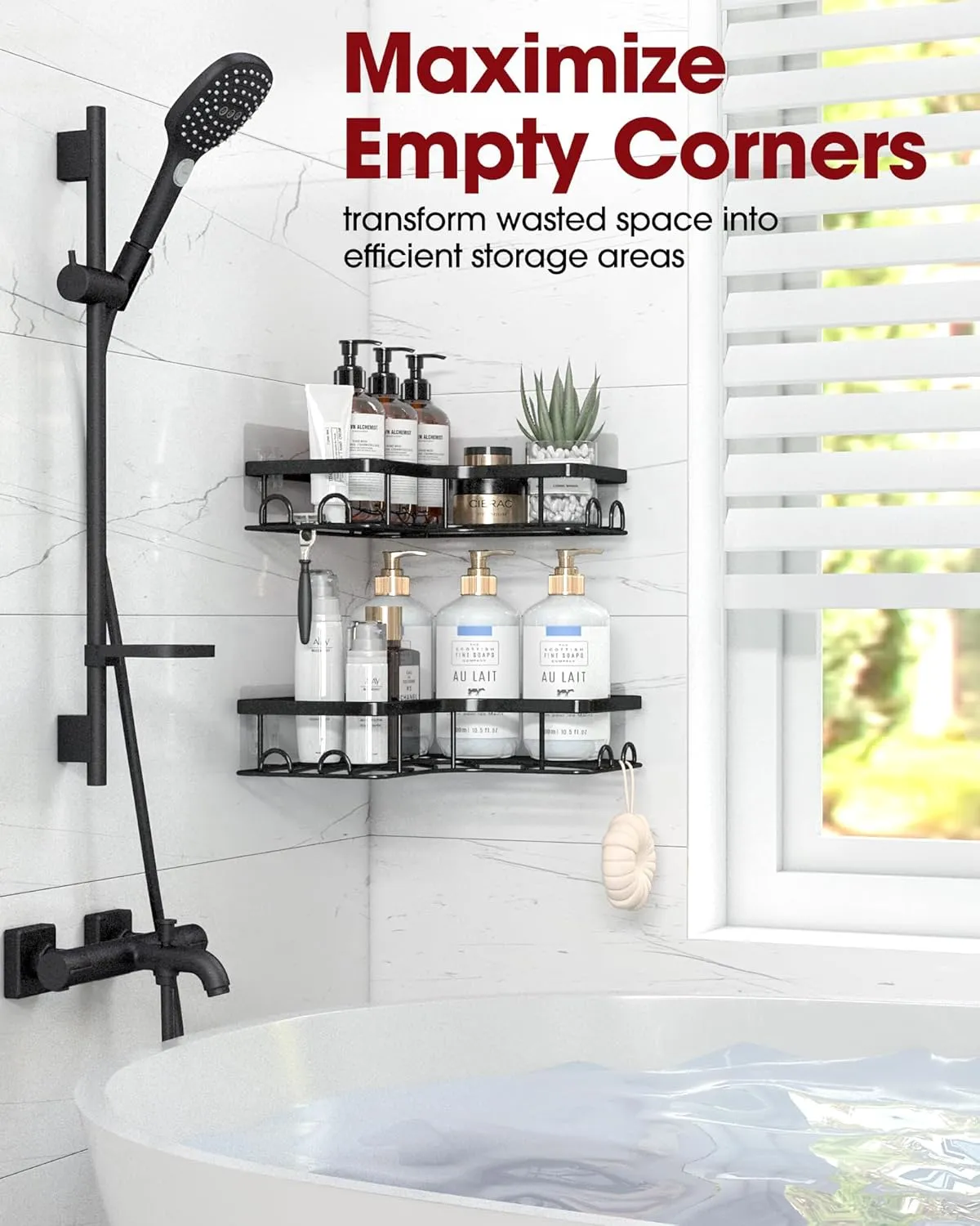 Corner Shower Caddy - 2 Pack, Adhesive Shower Organizers, Rustproof Stainless Steel Shower Shelves with 8 Hooks, No Drilling Bathroom Organizers and Storage Racks, Space-Saving, Black, Large