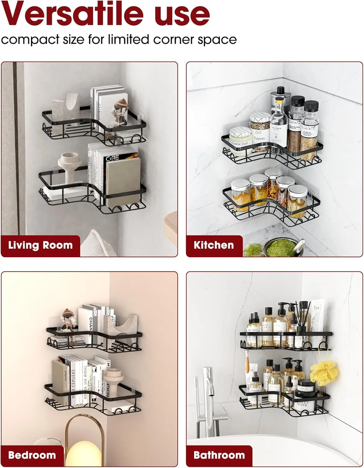 Corner Shower Caddy - 2 Pack, Adhesive Shower Organizers, Rustproof Stainless Steel Shower Shelves with 8 Hooks, No Drilling Bathroom Organizers and Storage Racks, Space-Saving, Black, Large