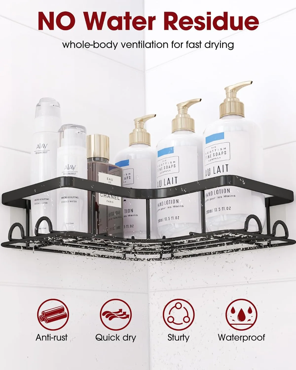 Corner Shower Caddy - 2 Pack, Adhesive Shower Organizers, Rustproof Stainless Steel Shower Shelves with 8 Hooks, No Drilling Bathroom Organizers and Storage Racks, Space-Saving, Black, Large