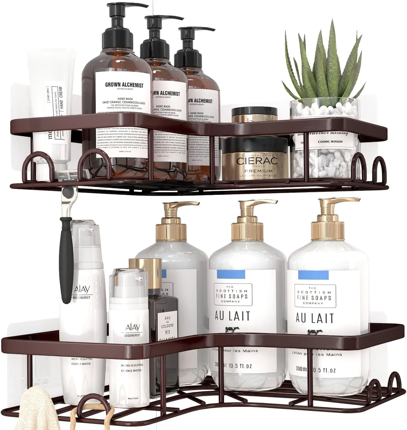 Corner Shower Caddy - 2 Pack, Adhesive Shower Organizers, Rustproof Stainless Steel Shower Shelves with 8 Hooks, No Drilling Bathroom Organizers and Storage Racks, Space-Saving, Brown, Medium