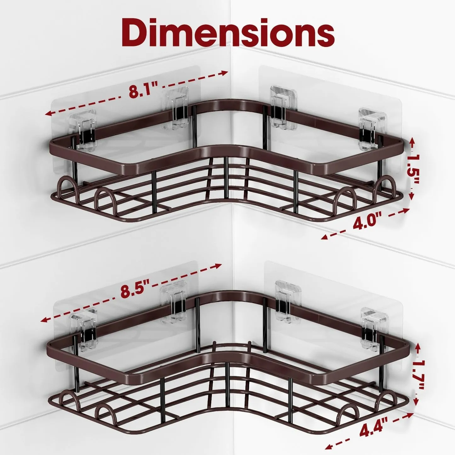 Corner Shower Caddy - 2 Pack, Adhesive Shower Organizers, Rustproof Stainless Steel Shower Shelves with 8 Hooks, No Drilling Bathroom Organizers and Storage Racks, Space-Saving, Brown, Medium