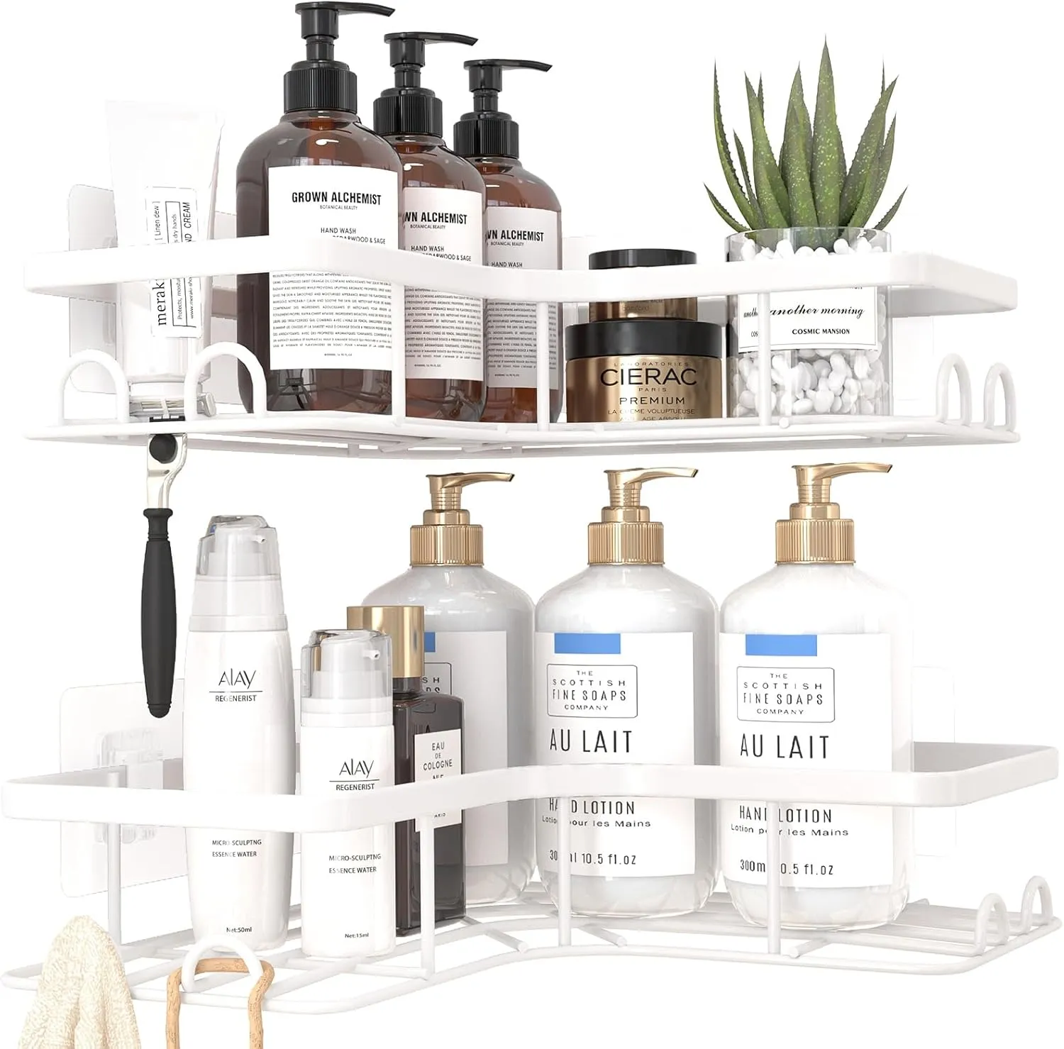 Corner Shower Caddy - 2 Pack, Adhesive Shower Organizers, Rustproof Stainless Steel Shower Shelves with 8 Hooks, No Drilling Bathroom Organizers and Storage Racks, Space-Saving, White, Large