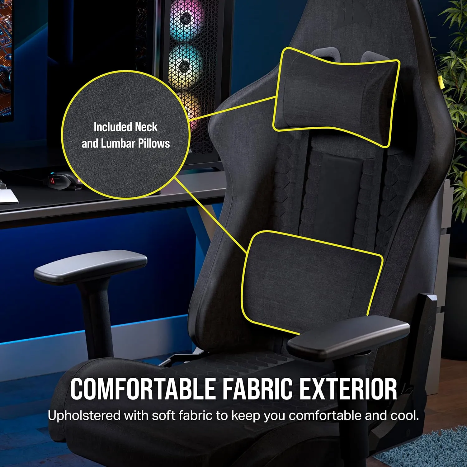Corsair TC100 Relaxed Gaming Chair - Fabric - Racing-Inspired Design - Lumbar Pillow - Detachable Memory Foam Neck Pillow - Adjustable Seat Height - Adjustable Armrests - Gray and Black