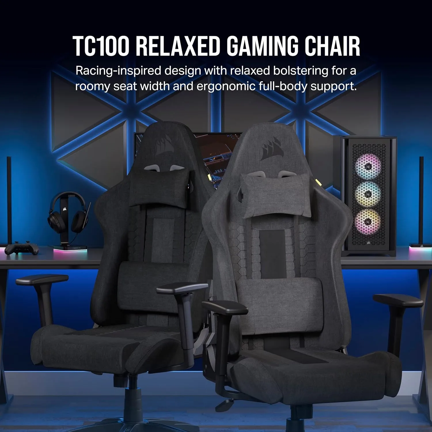 Corsair TC100 Relaxed Gaming Chair - Fabric - Racing-Inspired Design - Lumbar Pillow - Detachable Memory Foam Neck Pillow - Adjustable Seat Height - Adjustable Armrests - Gray and Black