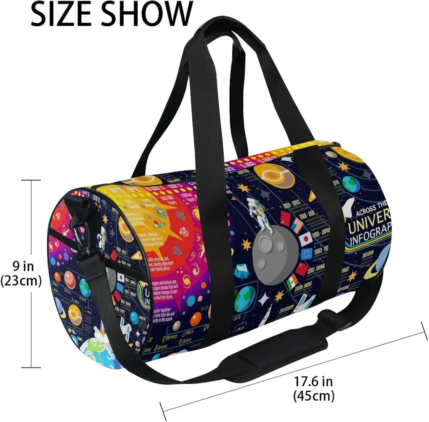 Cosmic Space Galaxy Planets Pluto Venus Mars Jupiter Duffel Bag, Foldable Canvas Travel Tote for Gym Sports with Inner Pockets, Durable Lightweight Fitness Bag for Overnight Workout