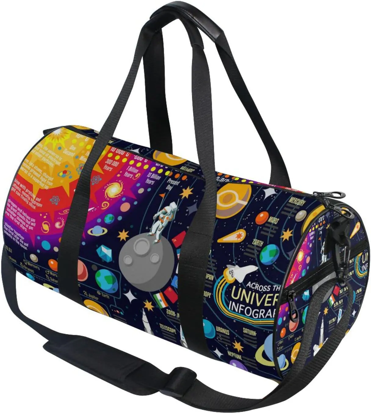 Cosmic Space Galaxy Planets Pluto Venus Mars Jupiter Duffel Bag, Foldable Canvas Travel Tote for Gym Sports with Inner Pockets, Durable Lightweight Fitness Bag for Overnight Workout